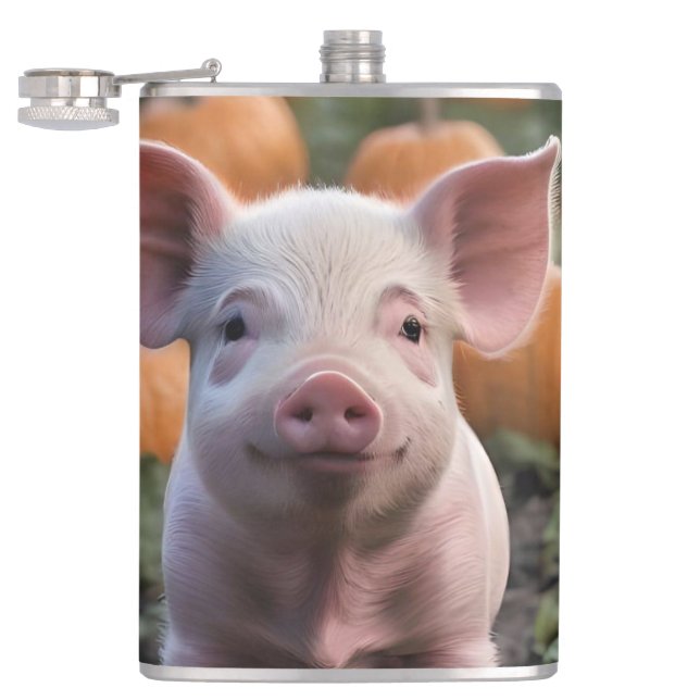 **"Patch of Joy: A Happy Baby Pig Among Pumpkins"* Hip Flask (Opened)