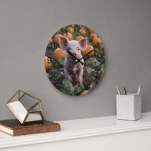 **"Patch of Joy: A Happy Baby Pig Among Pumpkins"* Large Clock