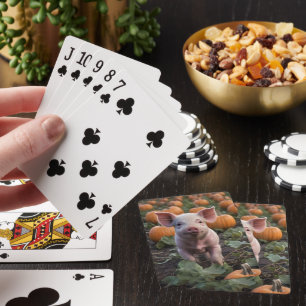 **"Patch of Joy: A Happy Baby Pig Among Pumpkins"* Playing Cards