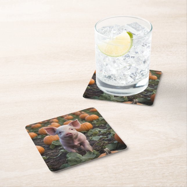 **"Patch of Joy: A Happy Baby Pig Among Pumpkins"* Square Paper Coaster (Insitu)
