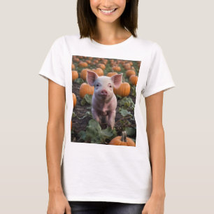 **"Patch of Joy: A Happy Baby Pig Among Pumpkins"* T-Shirt