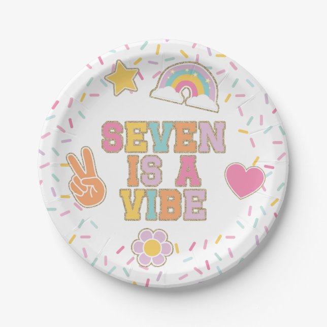 Patch Preppy Seven is a Vibe Birthday Paper Plate (Front)