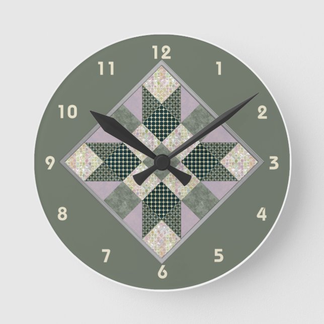 Patch Star Quilt Block in Lavender & Green Round Clock (Front)