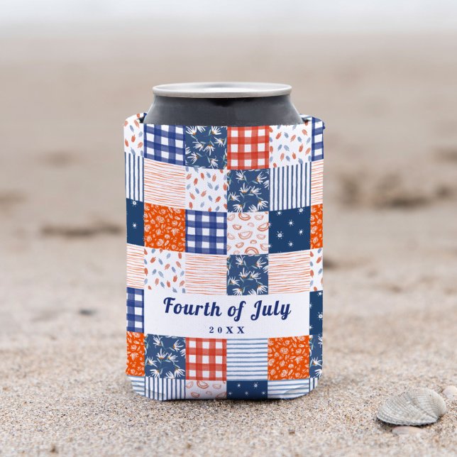 Patchwork 4th of July Red White Blue Can Cooler (Patchwork quilt 4th of July red white and blue can cooler.)
