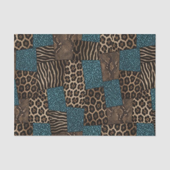 Patchwork African Animal Print | Brown & Teal Tissue Paper (Front)