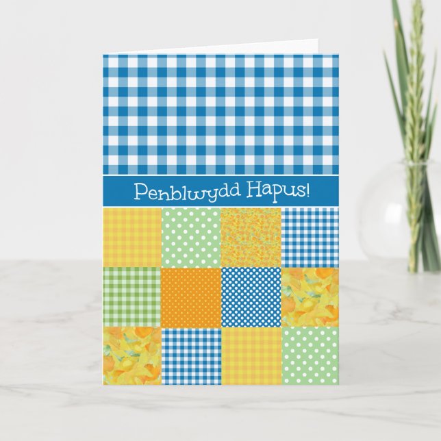 Patchwork and Gingham Birthday Card Welsh Greeting (Front)