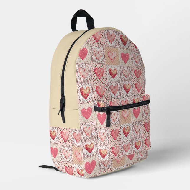 Patchwork And Stripe Heart Pattern Printed Backpack (Back Corner Left)