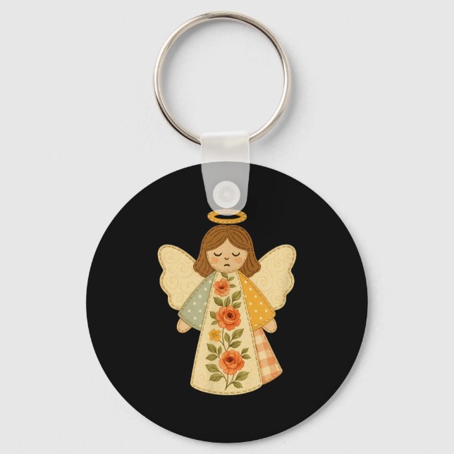 Patchwork Angel Cozy Christmas &amp; Christian Des Key Ring (Front)