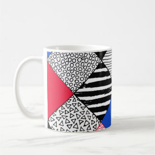 Patchwork background: birds, polka dots. coffee mug