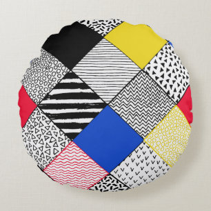 Patchwork background: birds, polka dots. round cushion