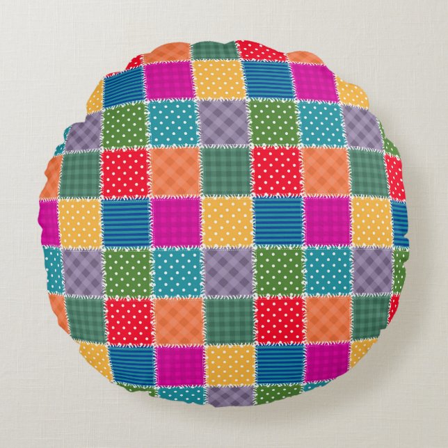 Patchwork Background: Diverse Pattern Mix Round Cushion (Front)