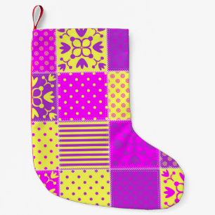 patchwork background with different patterns art,b small christmas stocking