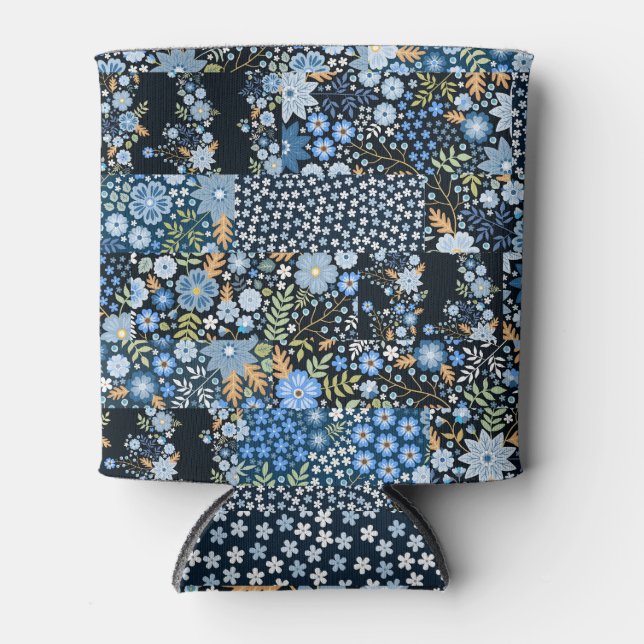 Patchwork Blue Flowers: Seamless Fabric. Can Cooler (Front)