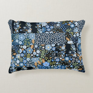 Patchwork Blue Flowers: Seamless Fabric. Decorative Cushion