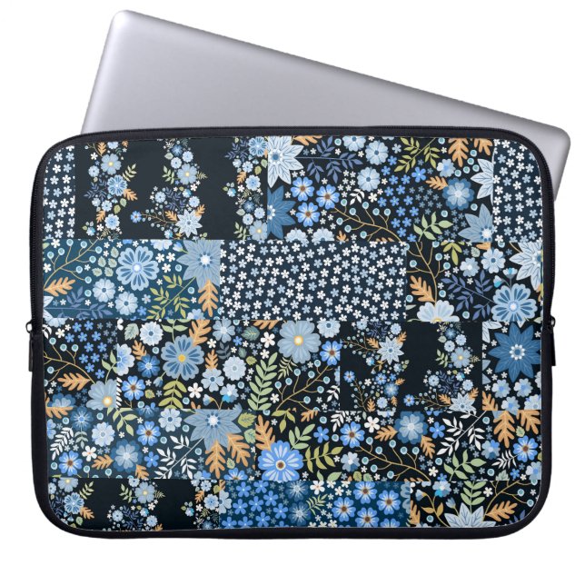 Patchwork Blue Flowers: Seamless Fabric. Laptop Sleeve (Front)