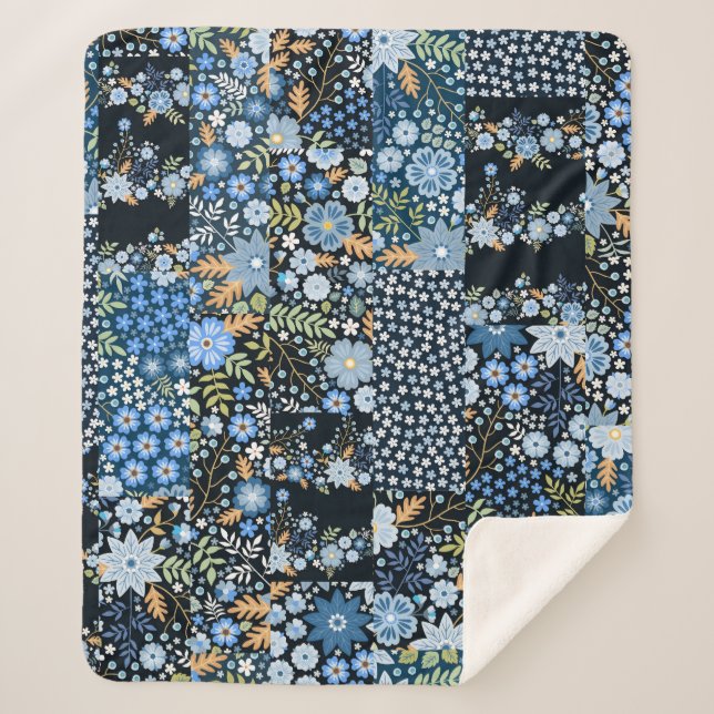 Patchwork Blue Flowers: Seamless Fabric. Sherpa Blanket (Front)