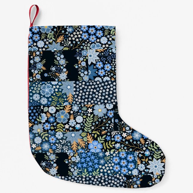 Patchwork Blue Flowers: Seamless Fabric. Small Christmas Stocking (Front)