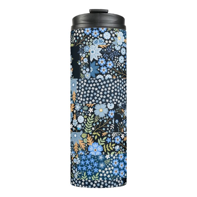 Patchwork Blue Flowers: Seamless Fabric. Thermal Tumbler (Front)