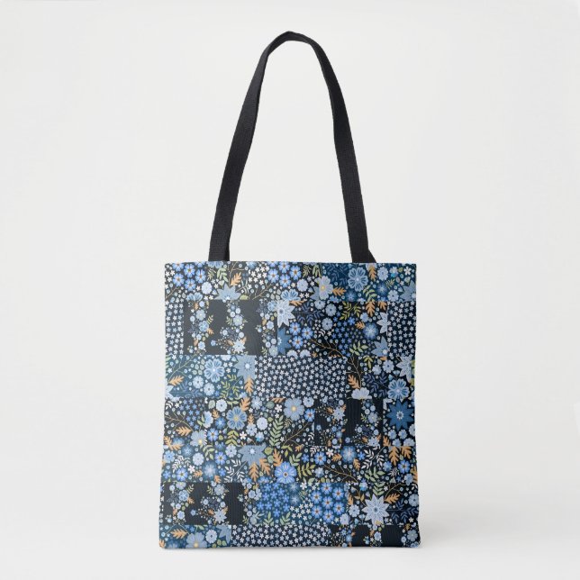 Patchwork Blue Flowers: Seamless Fabric. Tote Bag (Front)