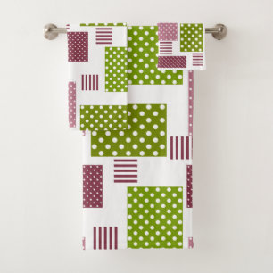 Patchwork brown green polka dots white back bath towel set