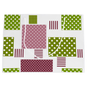 Patchwork brown green polka dots white back large gift bag