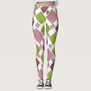 Patchwork brown green polka dots white back leggings