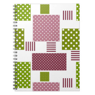 Patchwork brown green polka dots white back notebook