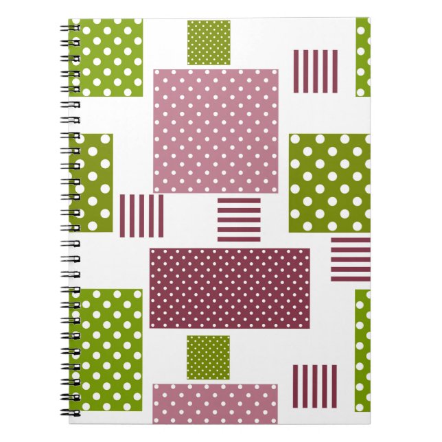 Patchwork brown green polka dots white back notebook (Front)