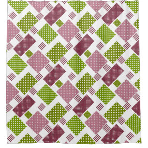 Patchwork brown green polka dots white back shower curtain