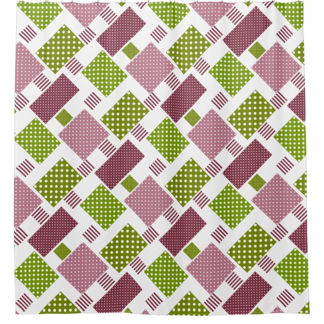 Patchwork brown green polka dots white back shower curtain (Front)