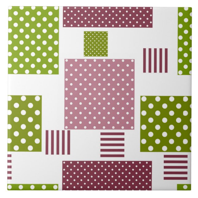 Patchwork brown green polka dots white back tile (Front)