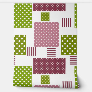 Patchwork brown green polka dots white back wallpaper