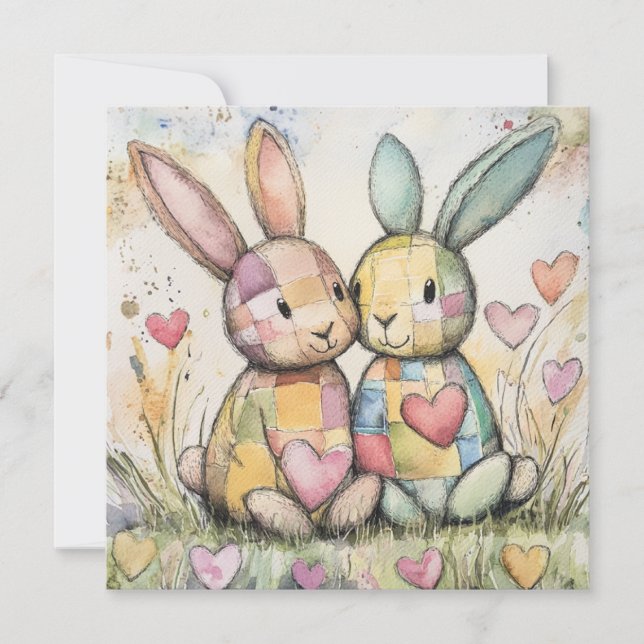 Patchwork Bunnies Valentine Holiday Card (Front)