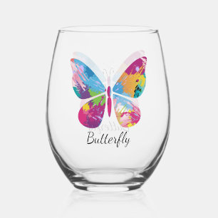 Patchwork Butterfly Design Stemless Wine Glass