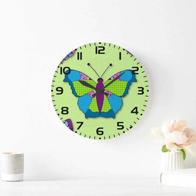 Patchwork Butterfly Pattern on Green Large Clock (Creator Uploaded)