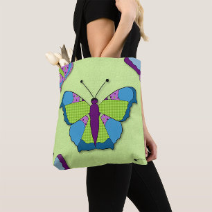 Patchwork Butterfly Pattern on Green Tote Bag