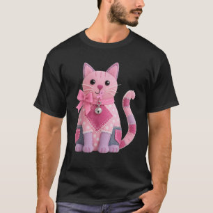 Patchwork Cat Pink Ribbon Breast Cancer Awareness  T-Shirt