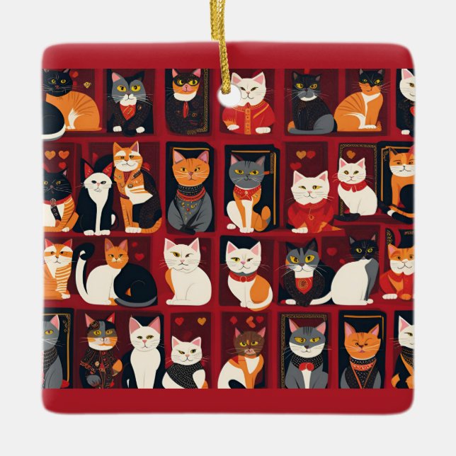 patchwork cats ceramic AI art ornament (Front)