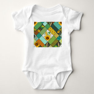 Patchwork cereals, sunflowers, geometric pattern. baby bodysuit