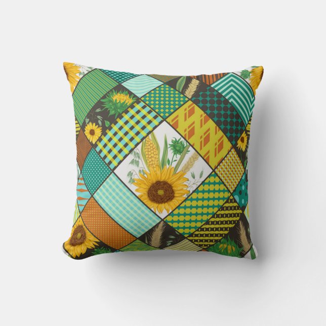 Patchwork cereals, sunflowers, geometric pattern. cushion (Front)