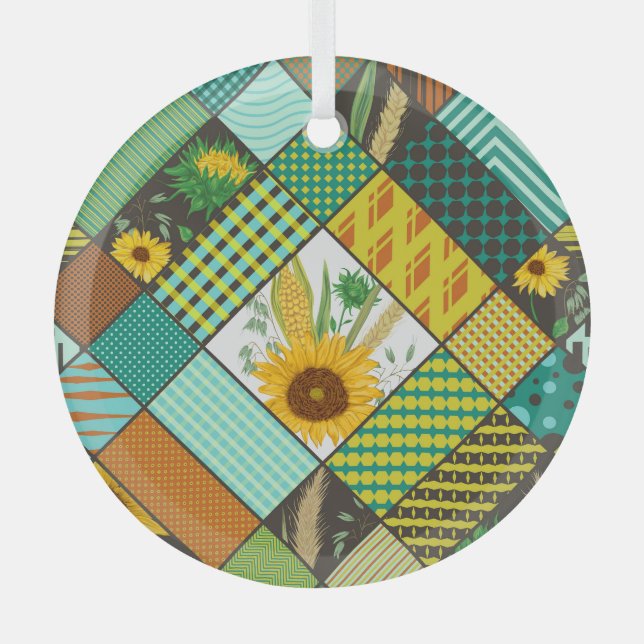 Patchwork cereals, sunflowers, geometric pattern. glass tree decoration (Front)
