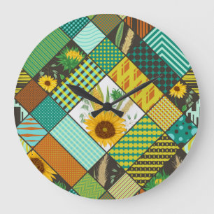 Patchwork cereals, sunflowers, geometric pattern. large clock