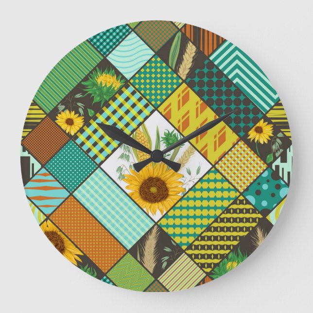 Patchwork cereals, sunflowers, geometric pattern. large clock (Front)