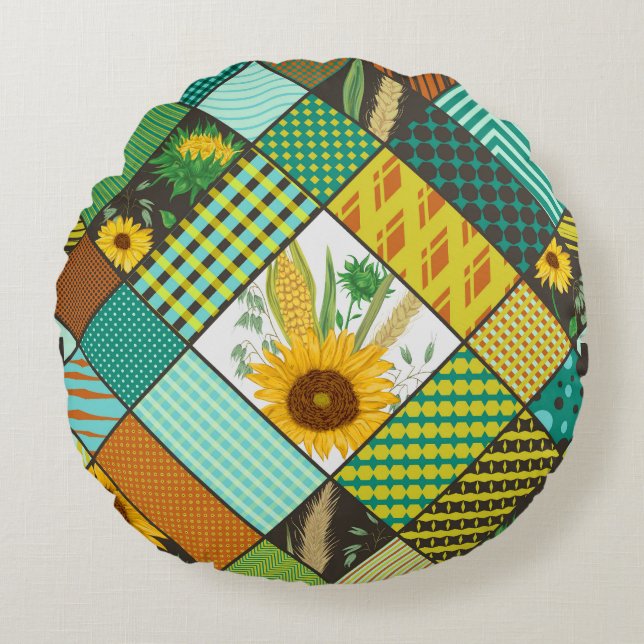 Patchwork cereals, sunflowers, geometric pattern. round cushion (Front)