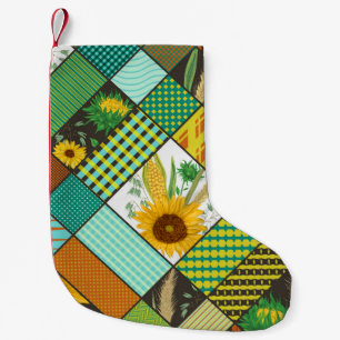 Patchwork cereals, sunflowers, geometric pattern. small christmas stocking