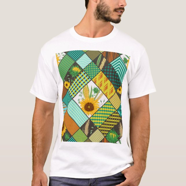 Patchwork cereals, sunflowers, geometric pattern. T-Shirt (Front)