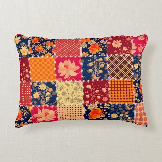 Patchwork Charm: Floral & Geometric Mix Decorative Cushion (Front)