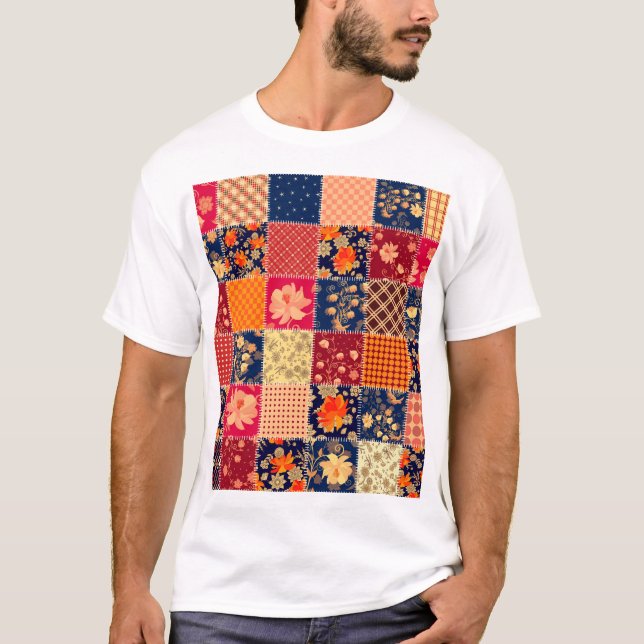 Patchwork Charm: Floral & Geometric Mix T-Shirt (Front)