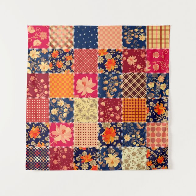 Patchwork Charm: Floral & Geometric Mix Tapestry (Front)
