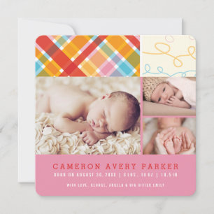 Patchwork Checks Baby Girl Birth Announcement Card